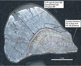 Projection of U-Th ages from the flank of stalagmite FC-3 to it's apex and its use in determining the age of initiation of the stalagmites.  Note that part of the top of the stalagmite was lost during thin section polishing.