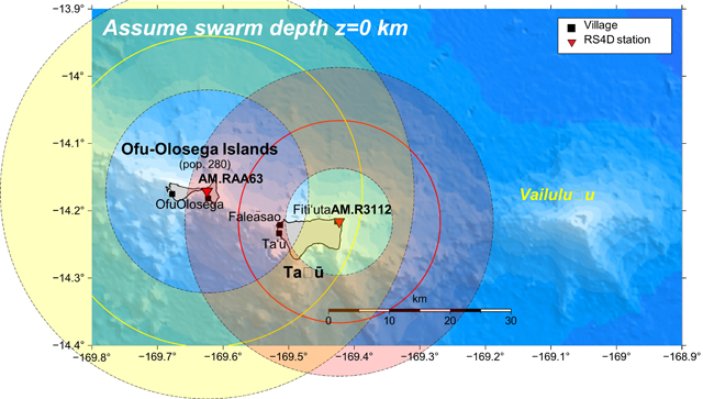 Map of Manuʻa Islands with Raspberry Shake locations (red triangles) and villages (black squares) contributing felt reports. The swarm origin is localized to where the yellow and red rings 664 intersect: directly under, or offshore either north or south of, Taʻū Island. | Yoon et al. (2025) TSR