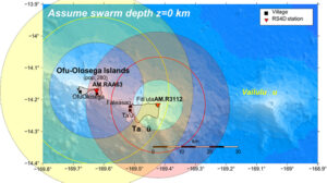 Map of Manuʻa Islands with Raspberry Shake locations (red triangles) and villages (black squares) contributing felt reports. The swarm origin is localized to where the yellow and red rings 664 intersect: directly under, or offshore either north or south of, Taʻū Island. | Yoon et al. (2025) TSR